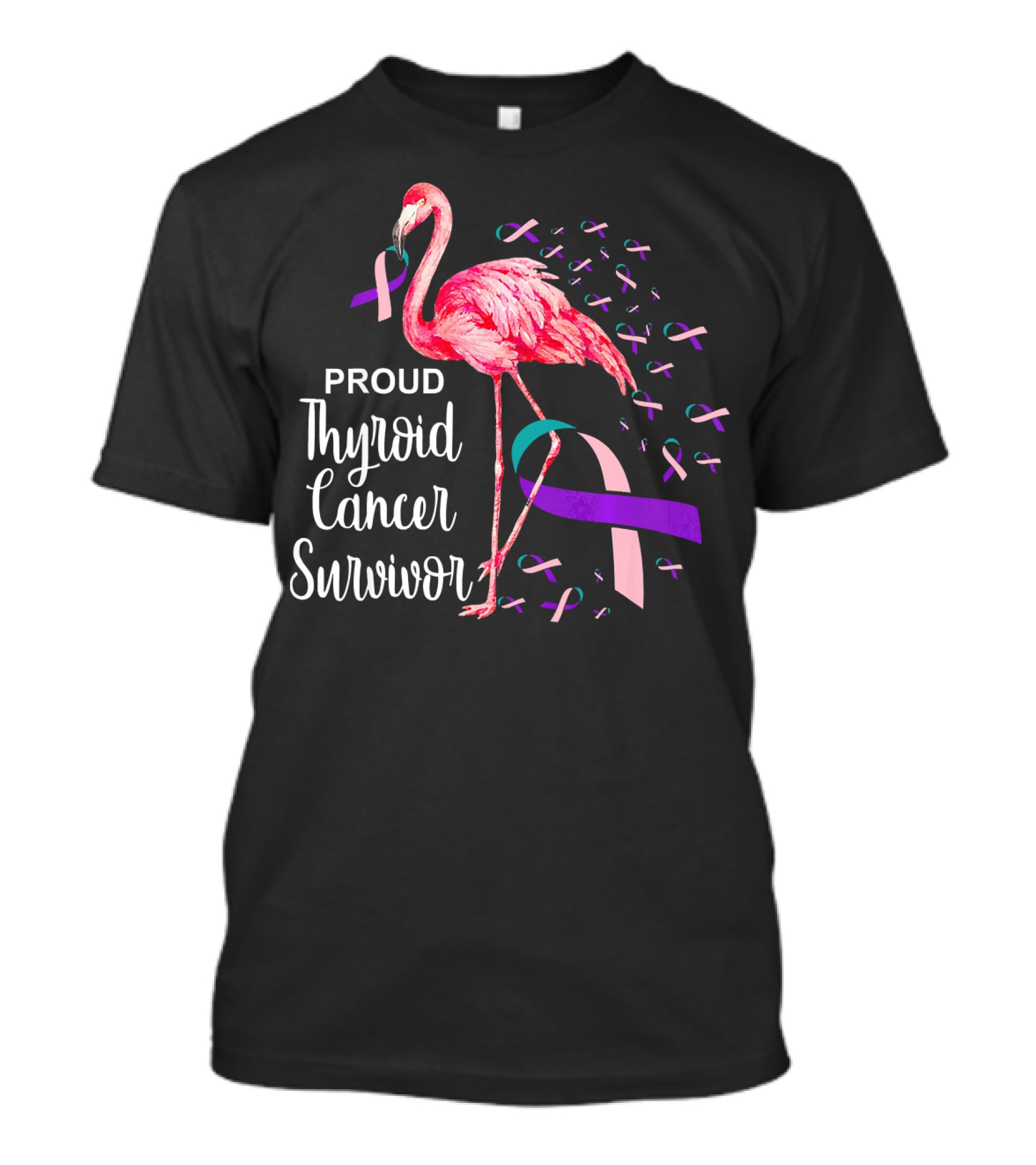 Proud Thyroid Cancer Survivor Flamingo Pink And Purple Ribbons T-Shirt