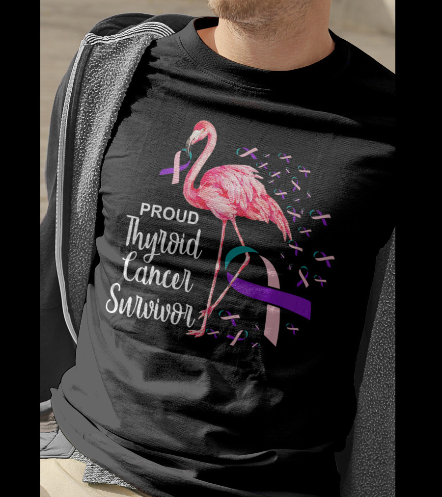 Proud Thyroid Cancer Survivor Flamingo Pink And Purple Ribbons T-Shirt