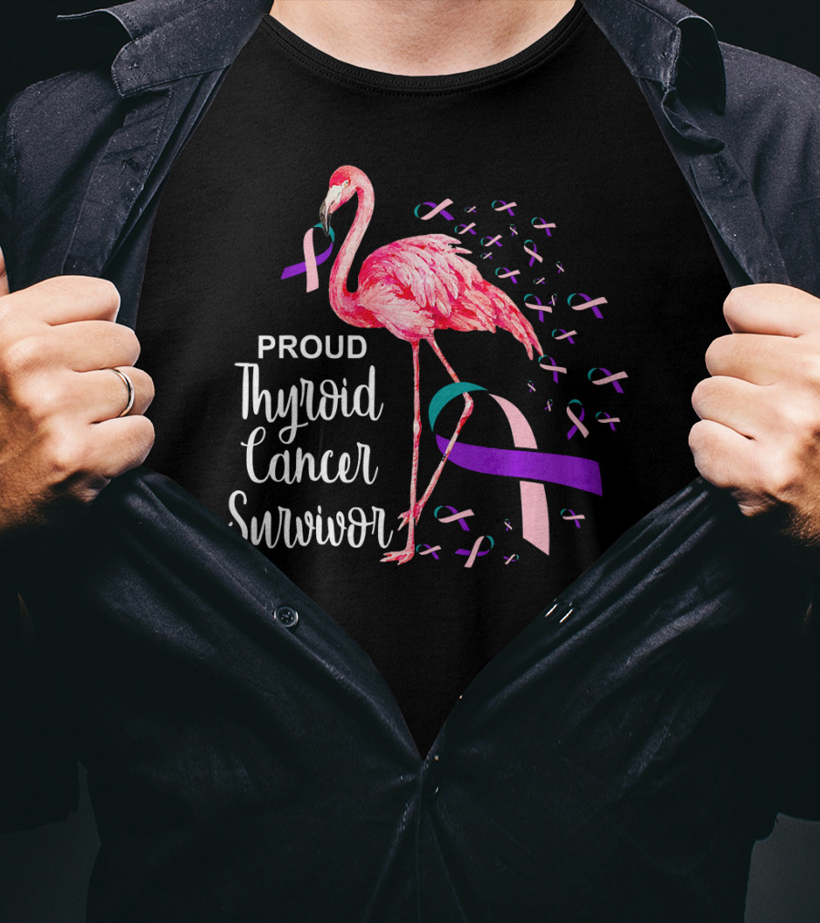 Proud Thyroid Cancer Survivor Flamingo Pink And Purple Ribbons T-Shirt