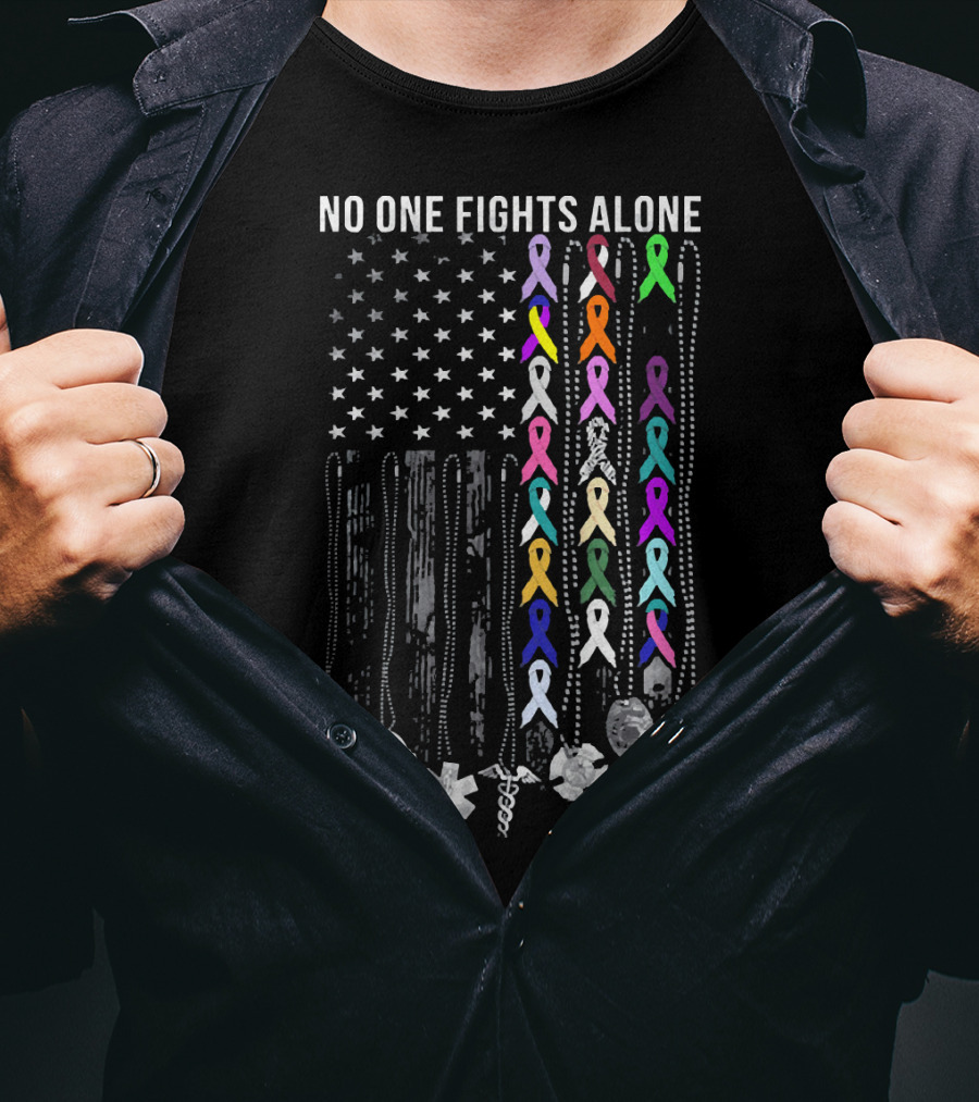 No One Fights Alone Cancer Awareness Ribbon Support Flag T-Shirt