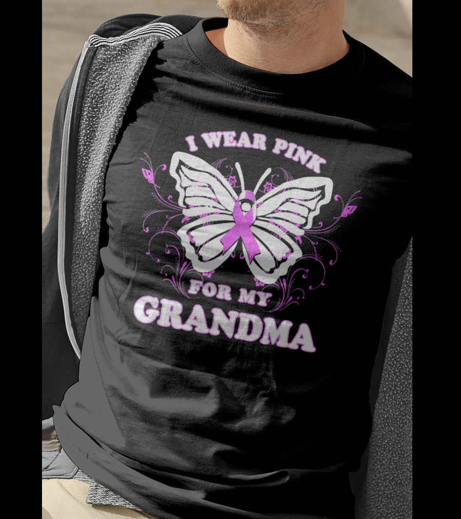 I Wear Pink For My Grandma Breast Cancer Awareness Butterfly T-Shirt