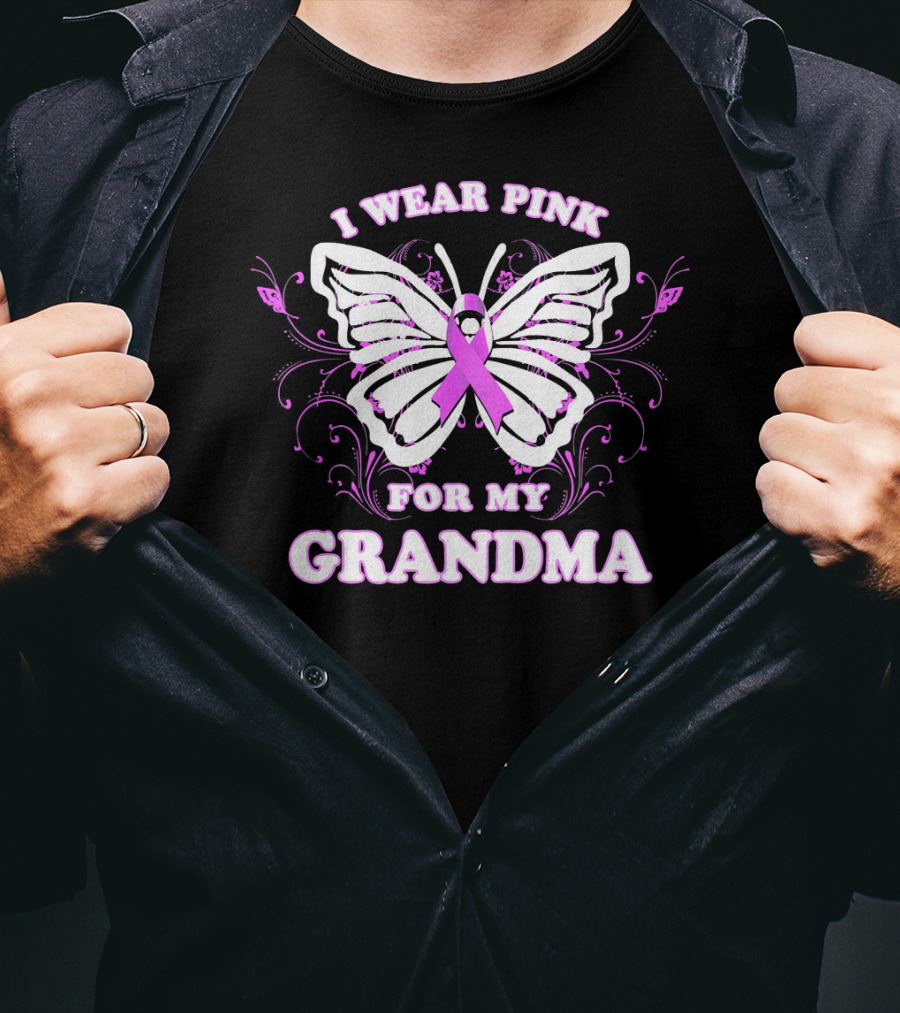 I Wear Pink For My Grandma Breast Cancer Awareness Butterfly T-Shirt