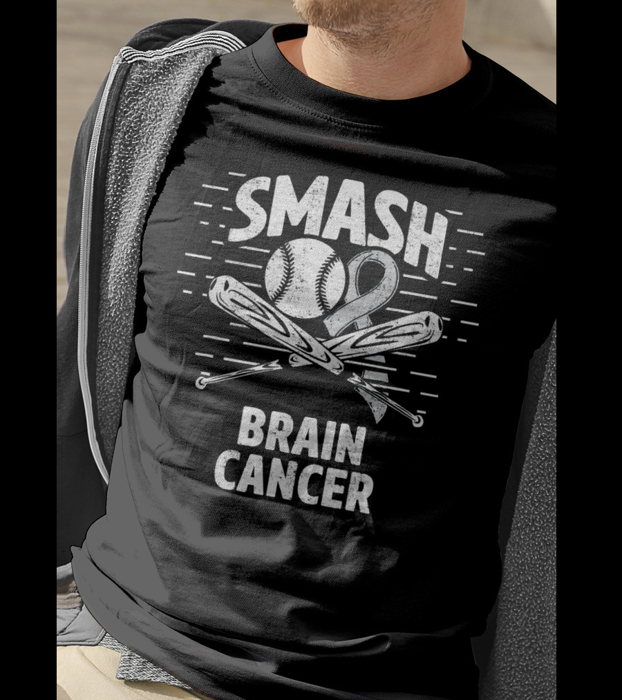 Smash Brain Cancer Baseball Ribbon Therapy Grey T-Shirt