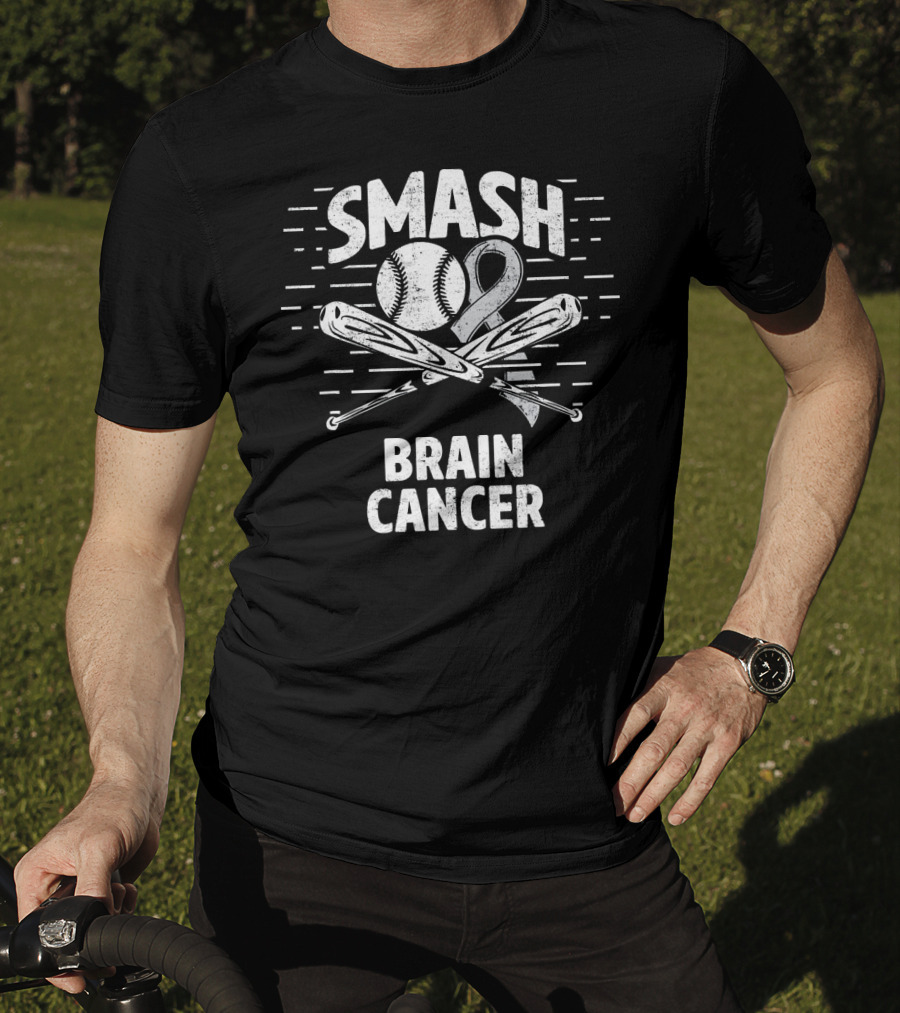 Smash Brain Cancer Baseball Ribbon Therapy Grey T-Shirt