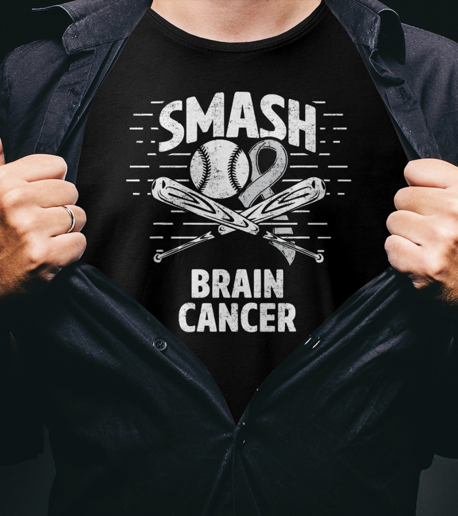 Smash Brain Cancer Baseball Ribbon Therapy Grey T-Shirt