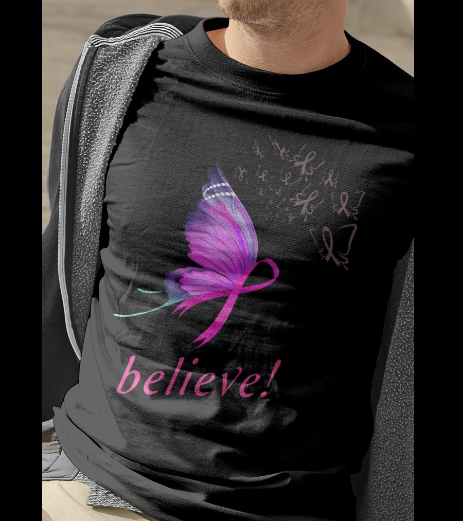 Believe Pink Ribbon Butterfly Breast Cancer Awareness T-Shirt