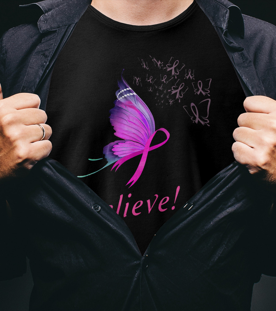 Believe Pink Ribbon Butterfly Breast Cancer Awareness T-Shirt