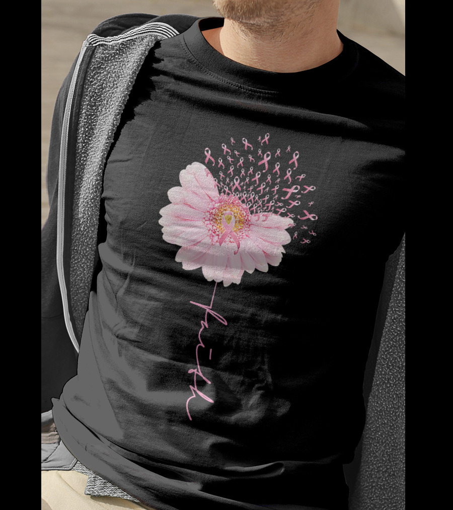 Faith Daisy Flower Pink Ribbon Breast Cancer T-Shirt