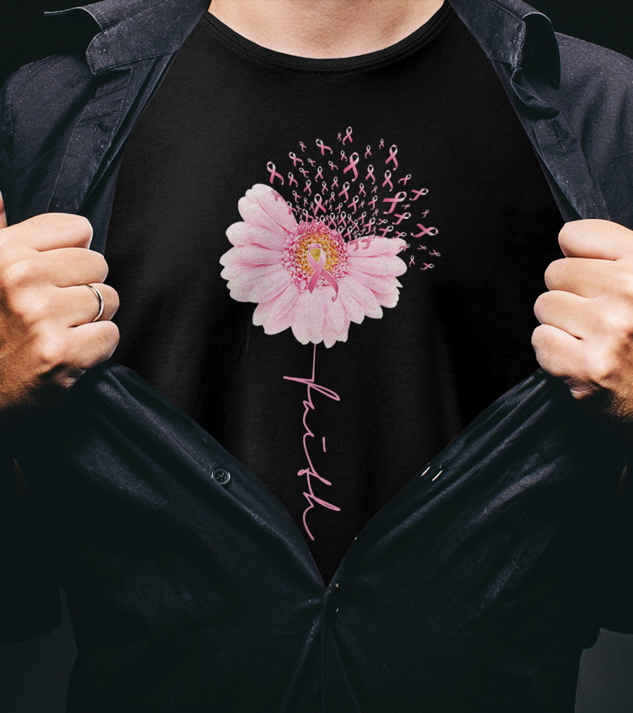 Faith Daisy Flower Pink Ribbon Breast Cancer T-Shirt