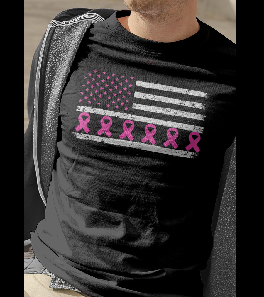 American Flag Distressed Breast Cancer Awareness Pink Ribbons T-Shirt