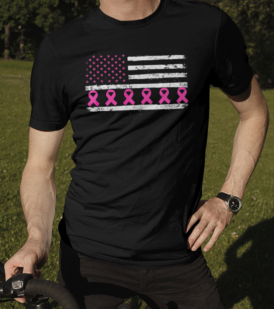 American Flag Distressed Breast Cancer Awareness Pink Ribbons T-Shirt