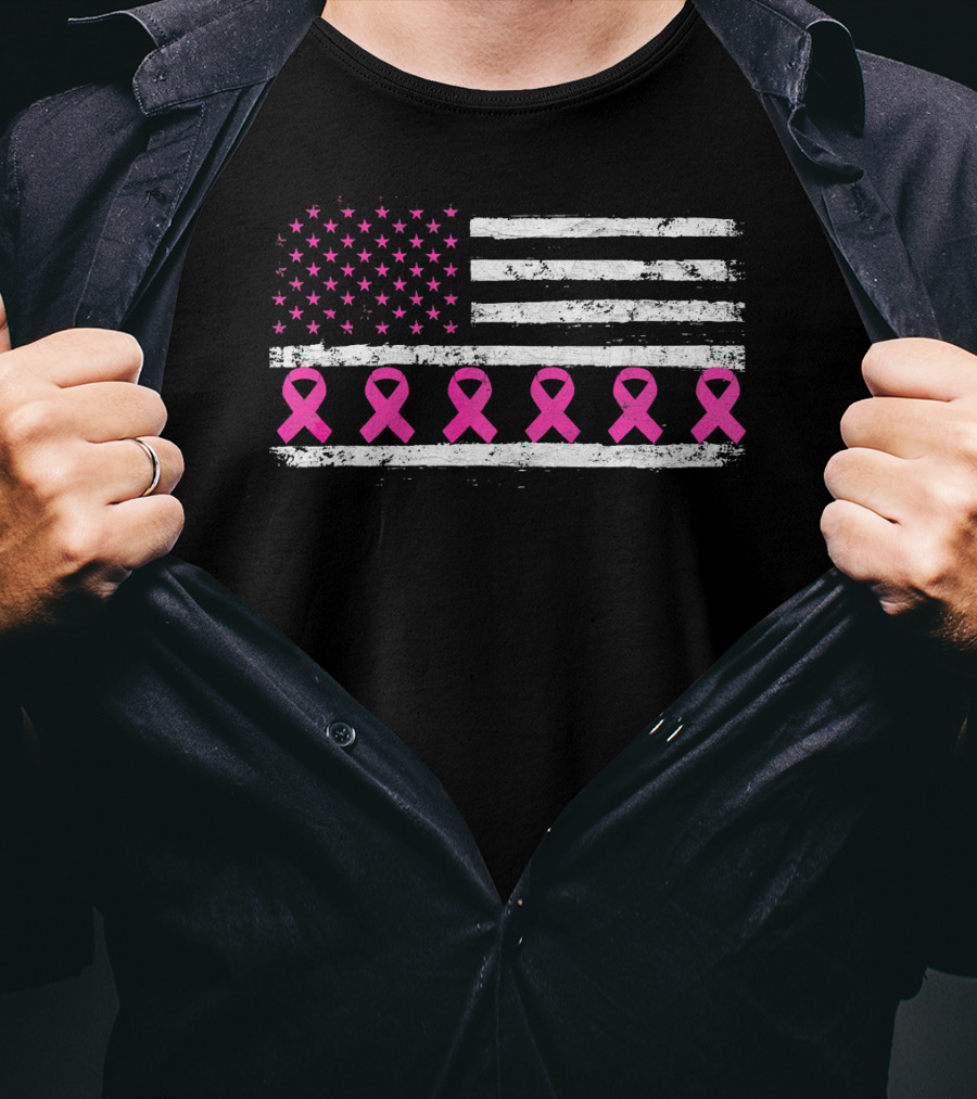 American Flag Distressed Breast Cancer Awareness Pink Ribbons T-Shirt