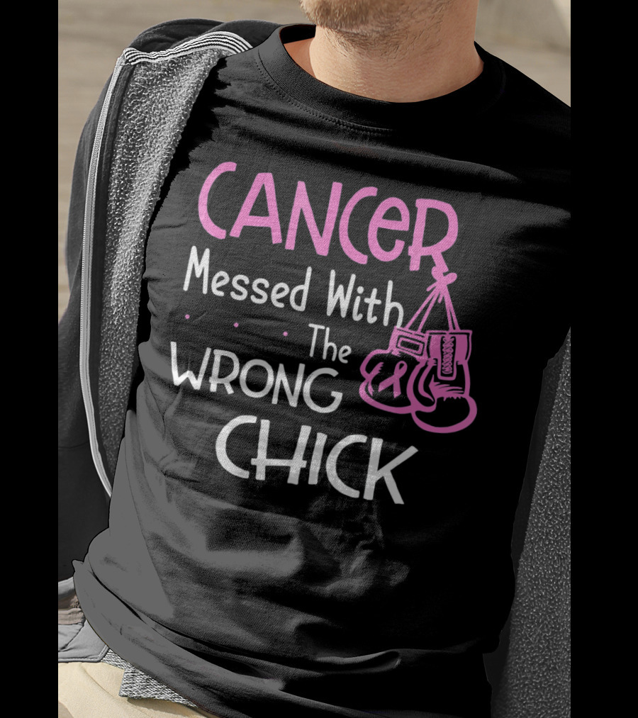 Cancer Messed With The Wrong Chick Boxing Gloves Pink Awareness T-Shirt