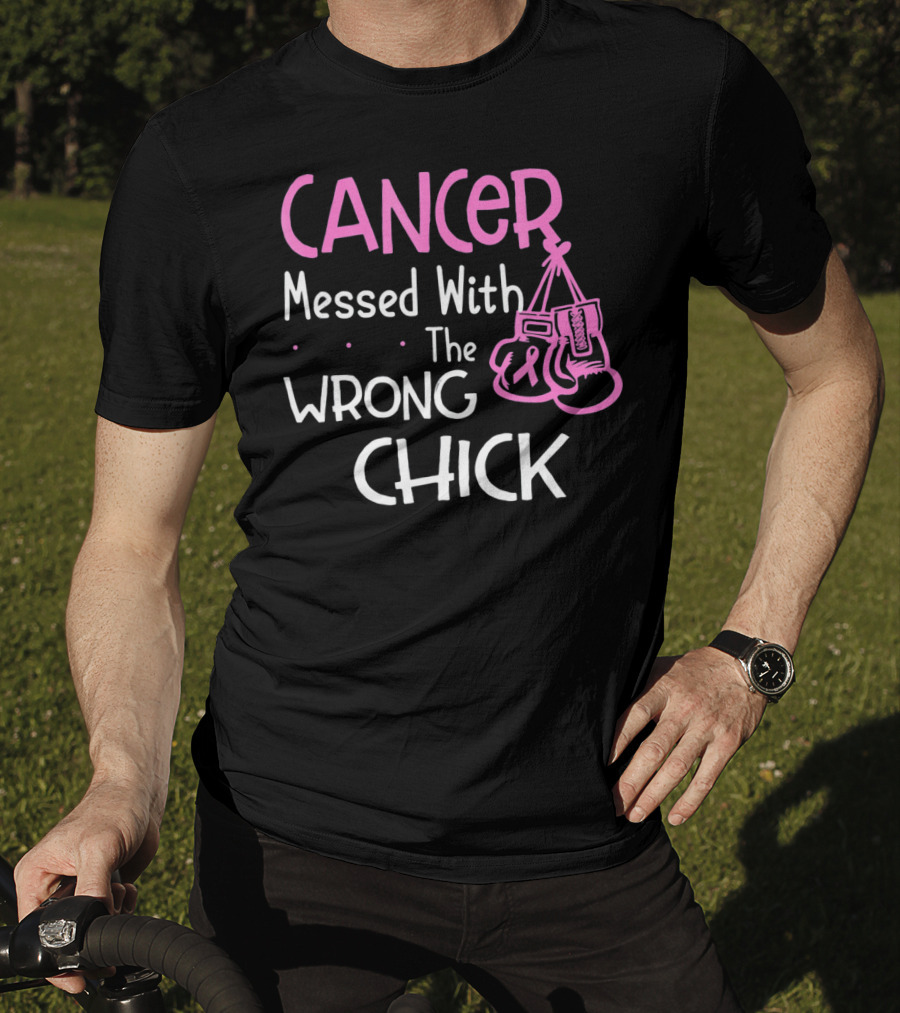 Cancer Messed With The Wrong Chick Boxing Gloves Pink Awareness T-Shirt