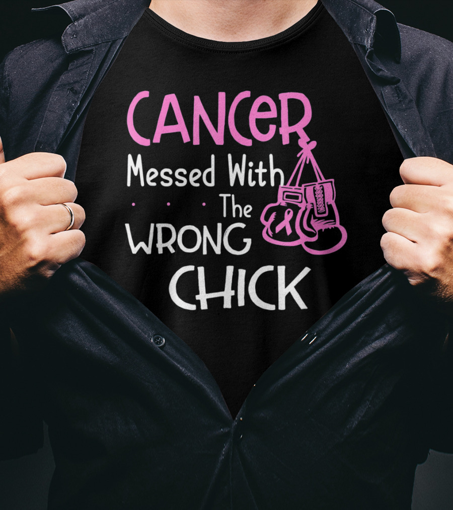 Cancer Messed With The Wrong Chick Boxing Gloves Pink Awareness T-Shirt
