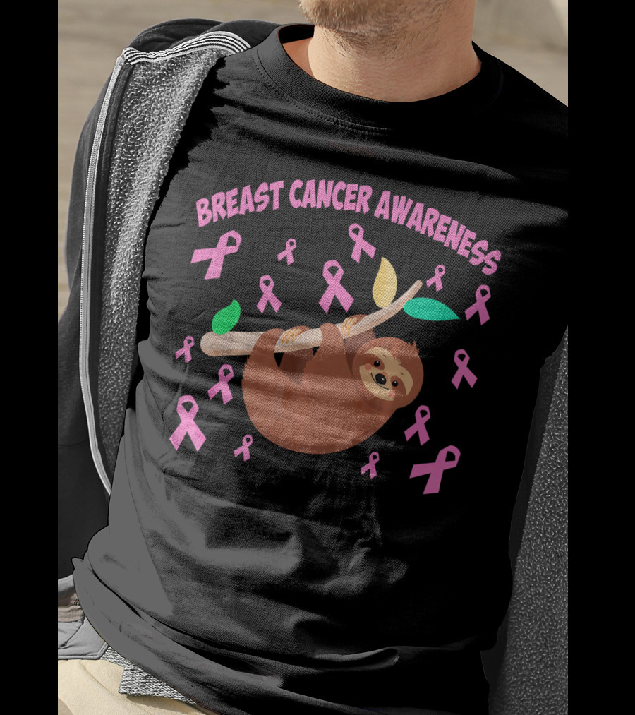 Breast Cancer Awareness Cute Sloth Pink Ribbons T-Shirt