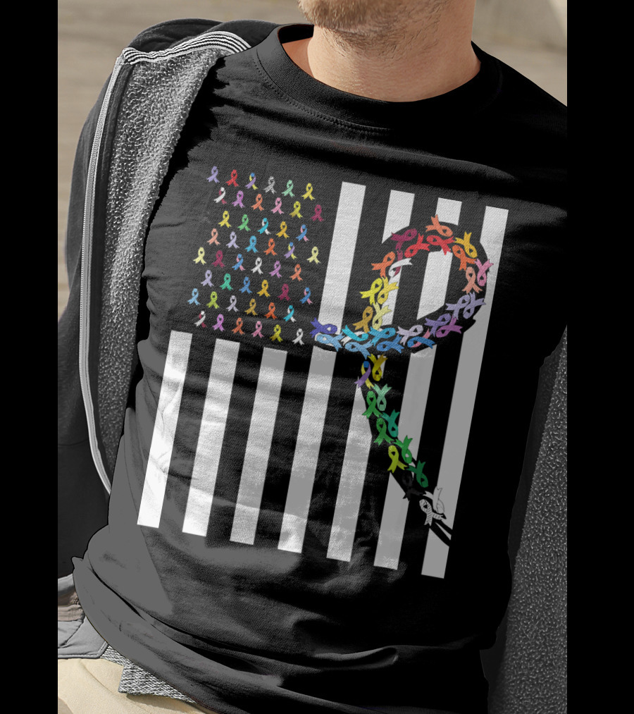 All Cancer Matters Awareness USA Flag Ribbon Stripes T-Shirt
