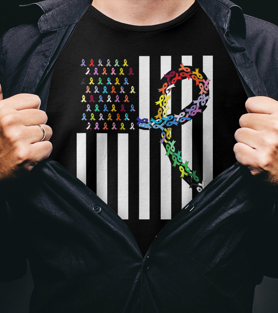 All Cancer Matters Awareness USA Flag Ribbon Stripes T-Shirt