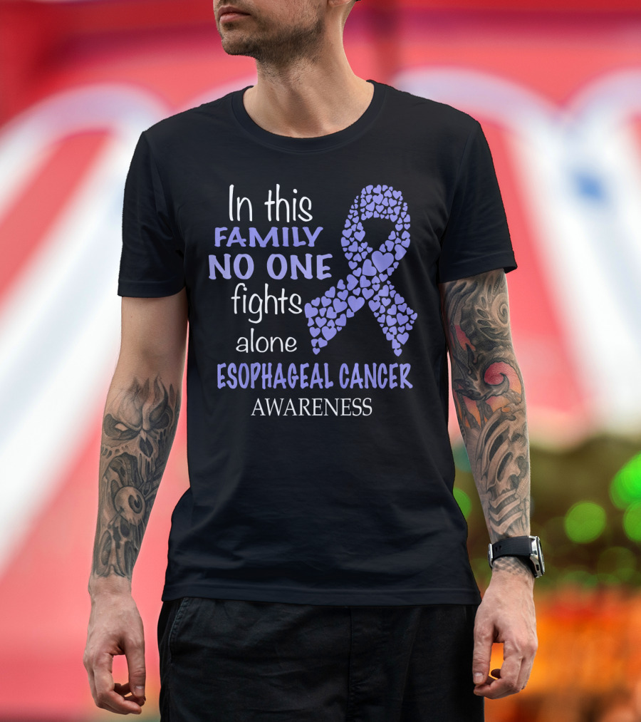In This Family No One Fights Alone Esophageal Cancer Awareness Ribbon Hearts T-Shirt
