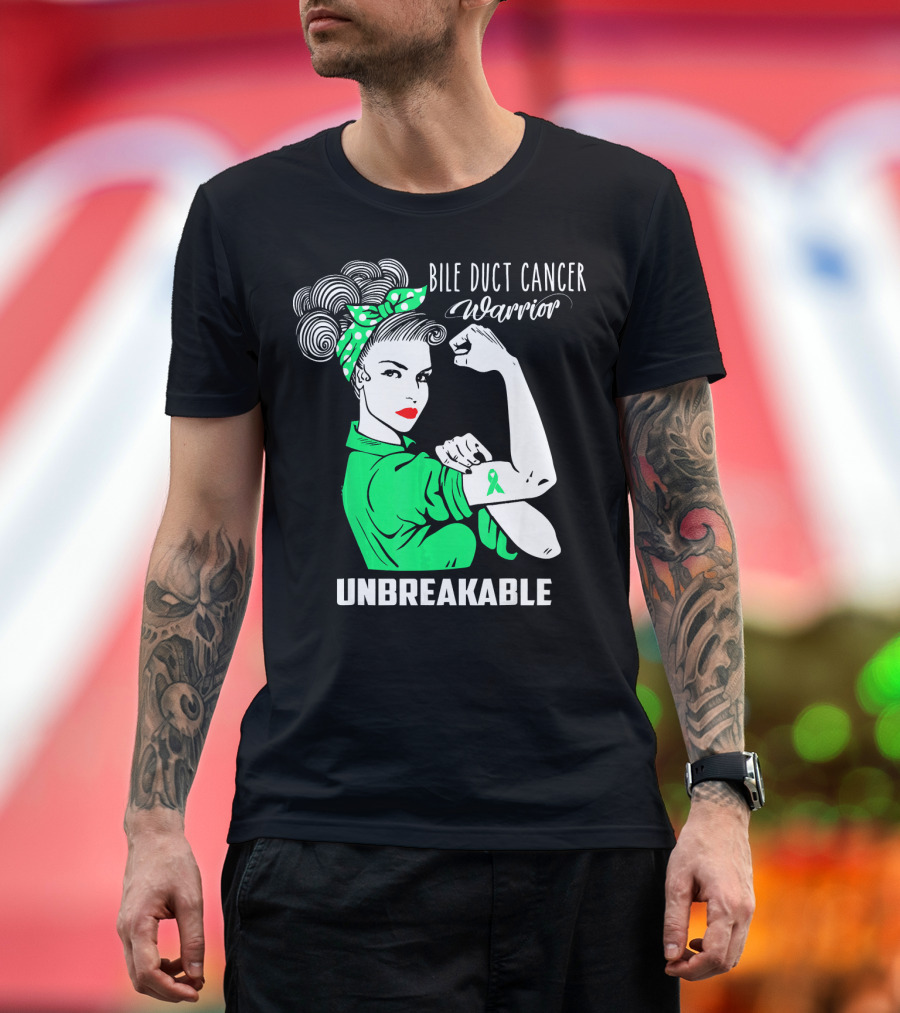 Bile Duct Cancer Warrior Unbreakable Rosie the Riveter Style with Awareness T-Shirt