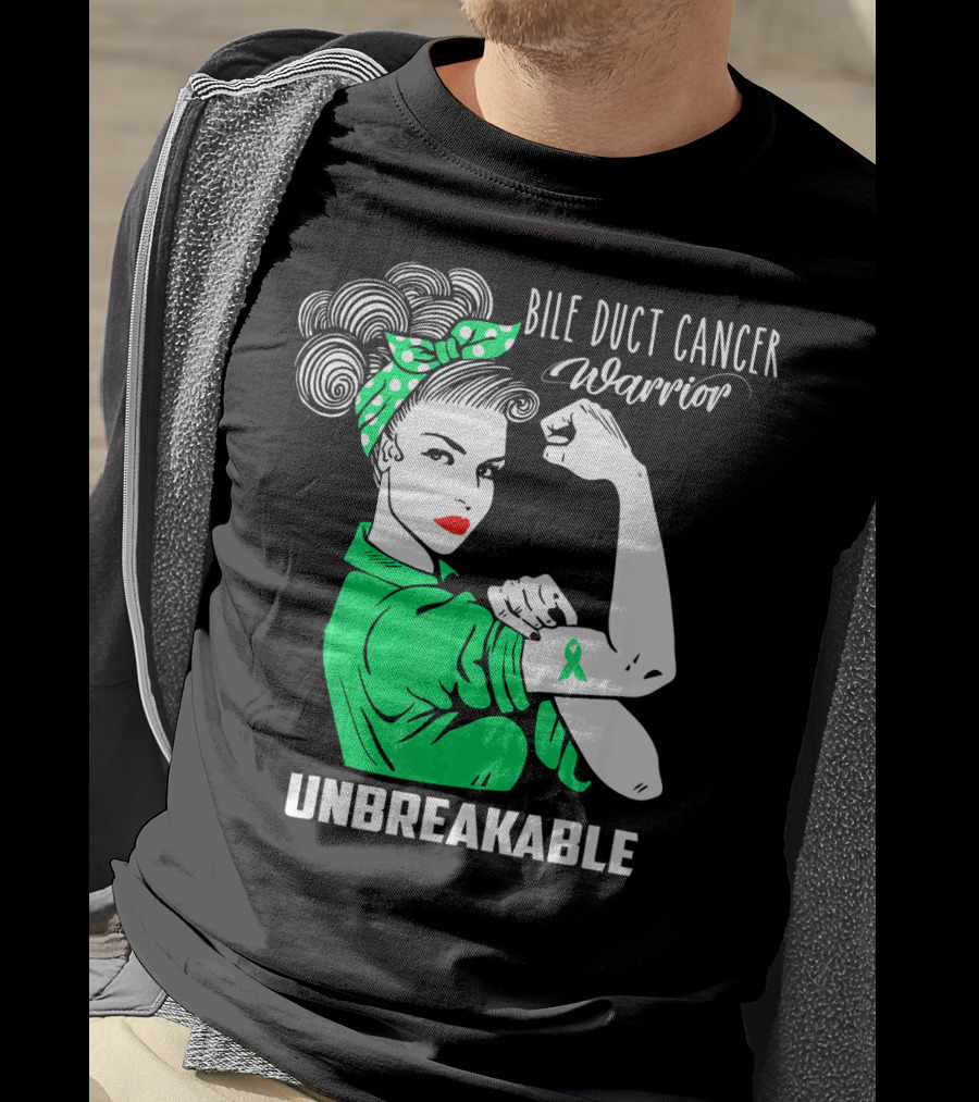 Bile Duct Cancer Warrior Unbreakable Rosie The Riveter Style With Awareness T-Shirt