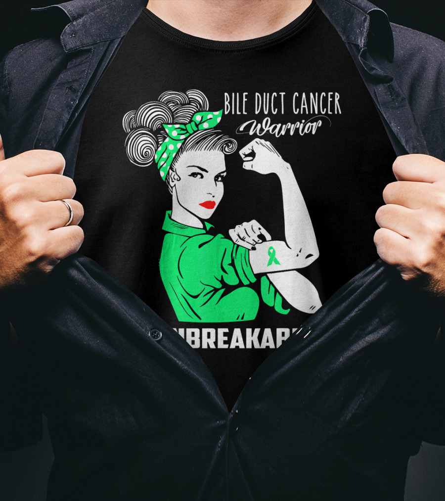 Bile Duct Cancer Warrior Unbreakable Rosie The Riveter Style With Awareness T-Shirt