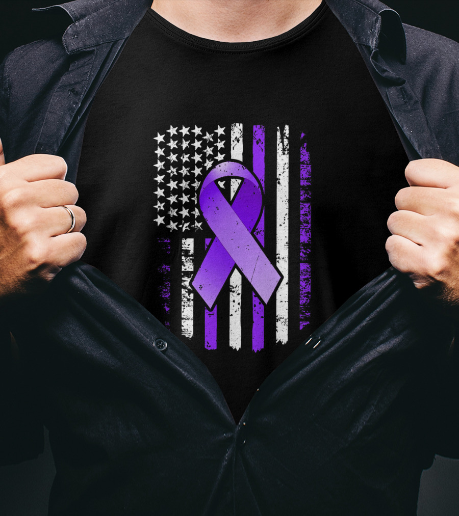 American Flag Purple Ribbon Pancreatic Cancer Awareness T-Shirt