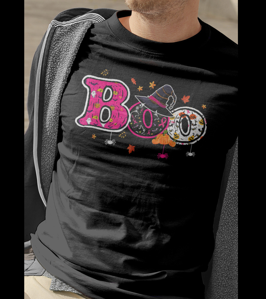 Boo Halloween Breast Cancer Awareness Witch Hat Ribbon Pumpkins Spiders Leaves T-Shirt