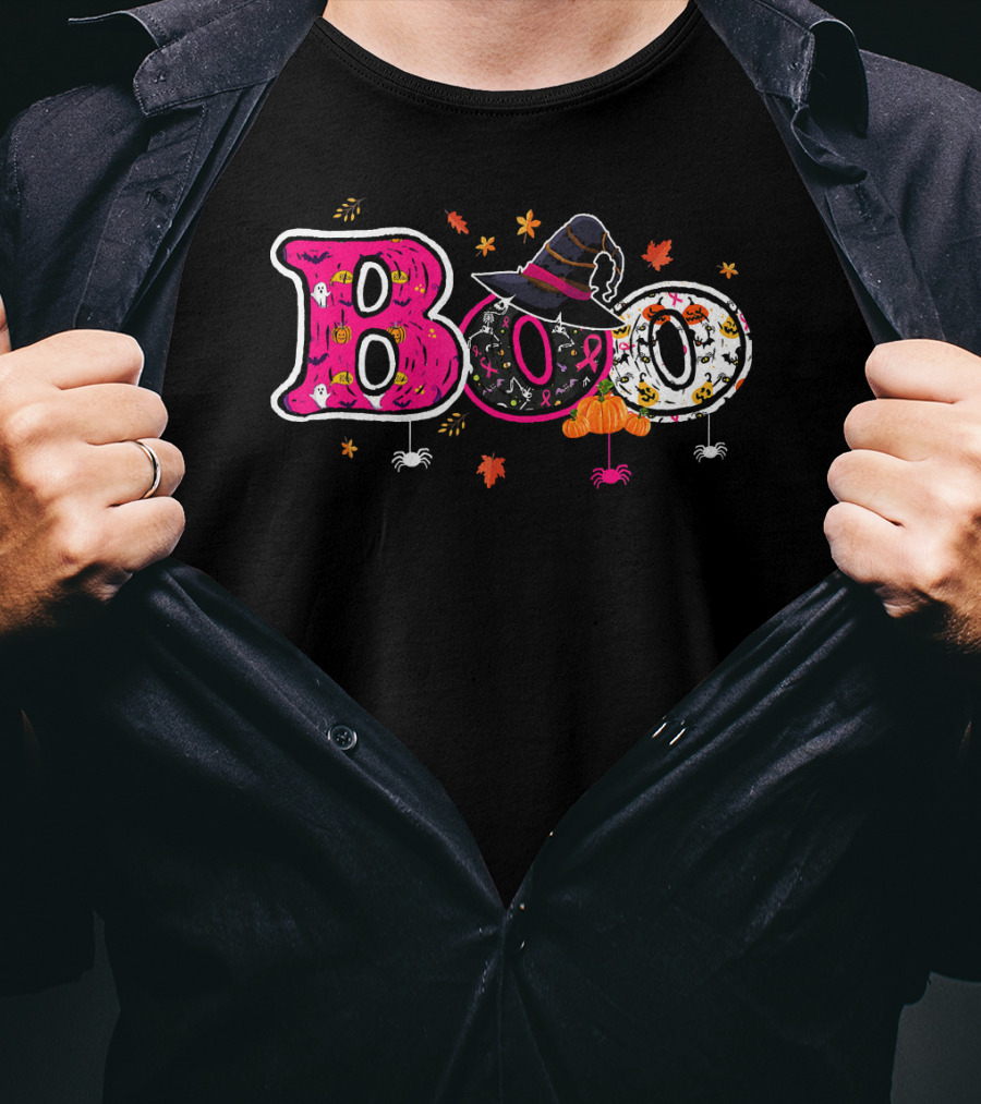 Boo Halloween Breast Cancer Awareness Witch Hat Ribbon Pumpkins Spiders Leaves T-Shirt