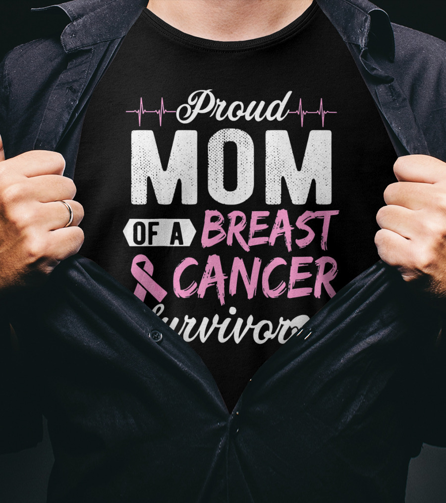 Proud Mom Of A Breast Cancer Survivor Pink Ribbon And Boxing Gloves T-Shirt