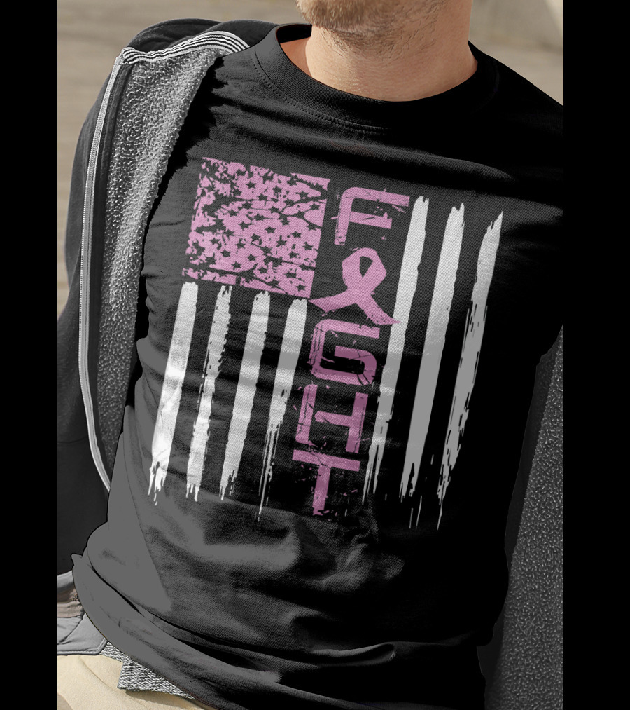 Fight Cancer Awareness Breast Pink Ribbon American Flag T-Shirt