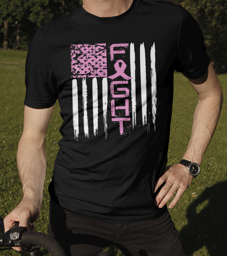 Fight Cancer Awareness Breast Pink Ribbon American Flag T-Shirt
