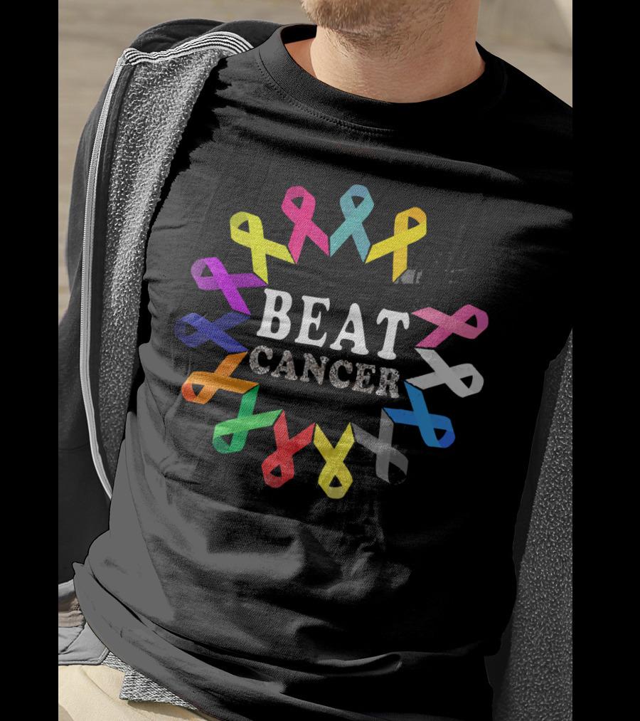 BEAT CANCER Multicolored Awareness Ribbons T-Shirt