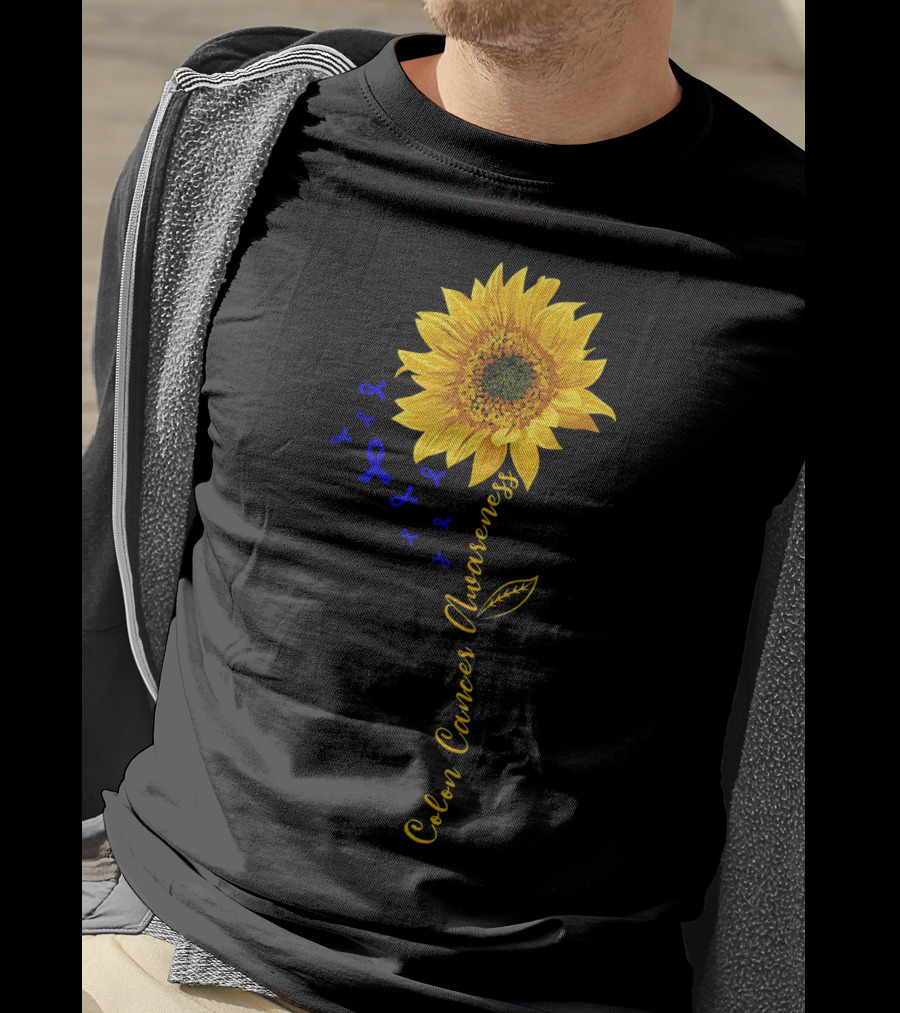 Hippie Sunflower Colon Cancer Awareness Sunflower With Blue Ribbons T-Shirt