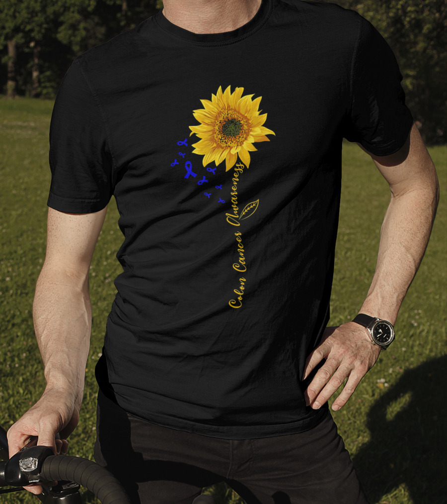 Hippie Sunflower Colon Cancer Awareness Sunflower With Blue Ribbons T-Shirt