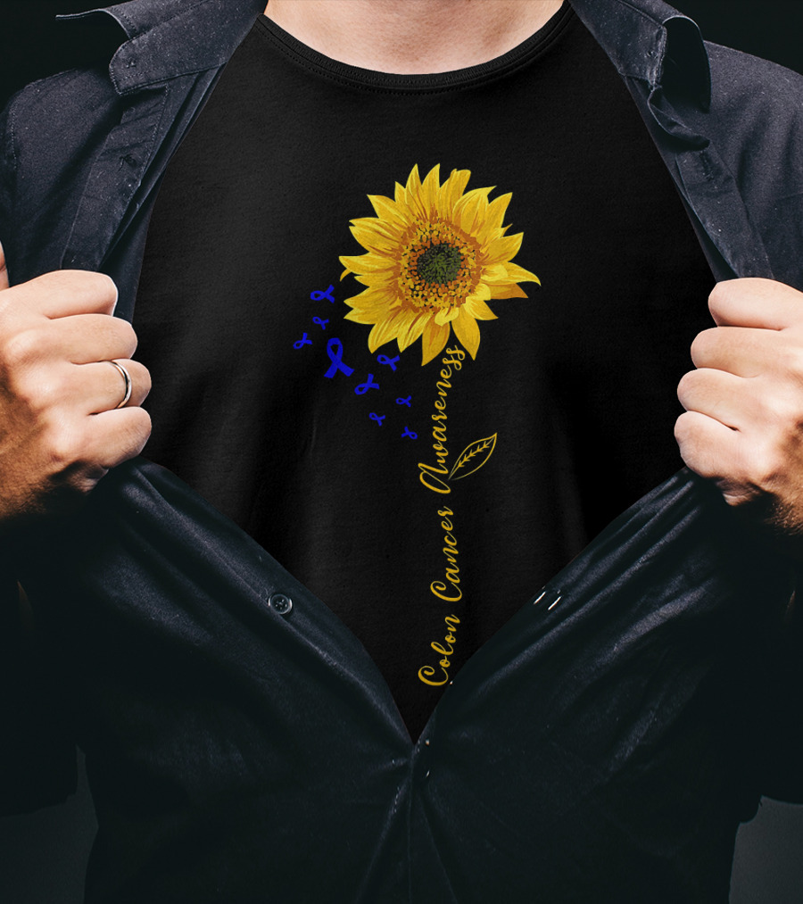 Hippie Sunflower Colon Cancer Awareness Sunflower With Blue Ribbons T-Shirt