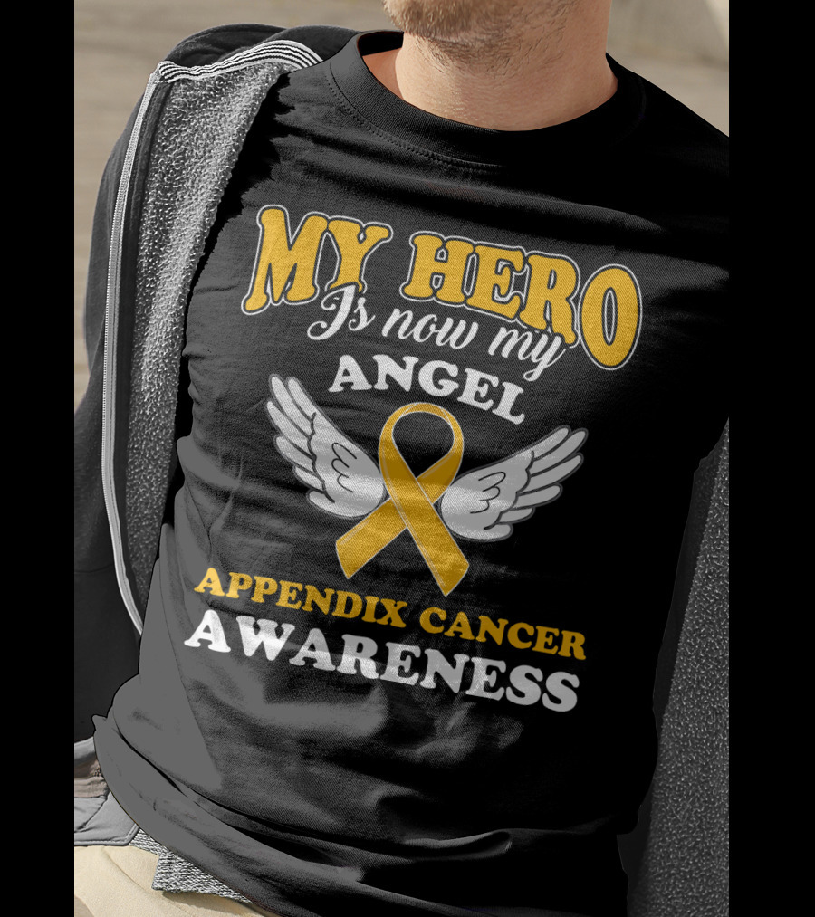 My Hero Is Now My Angel Appendix Cancer Awareness Yellow Ribbon Wings T-Shirt