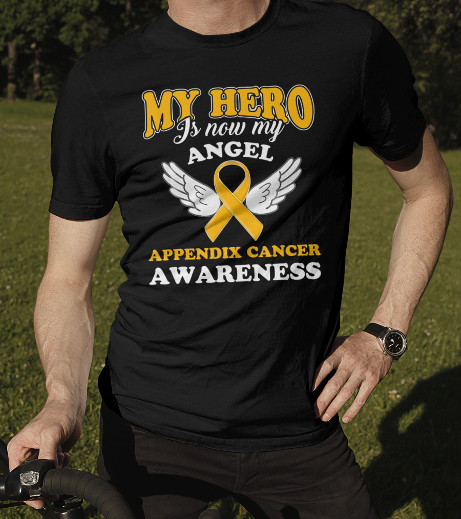 My Hero Is Now My Angel Appendix Cancer Awareness Yellow Ribbon Wings T-Shirt