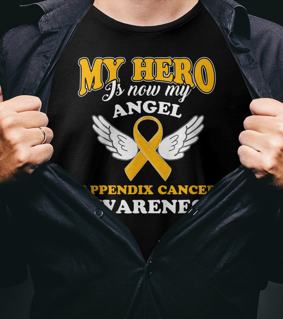 My Hero Is Now My Angel Appendix Cancer Awareness Yellow Ribbon Wings T-Shirt