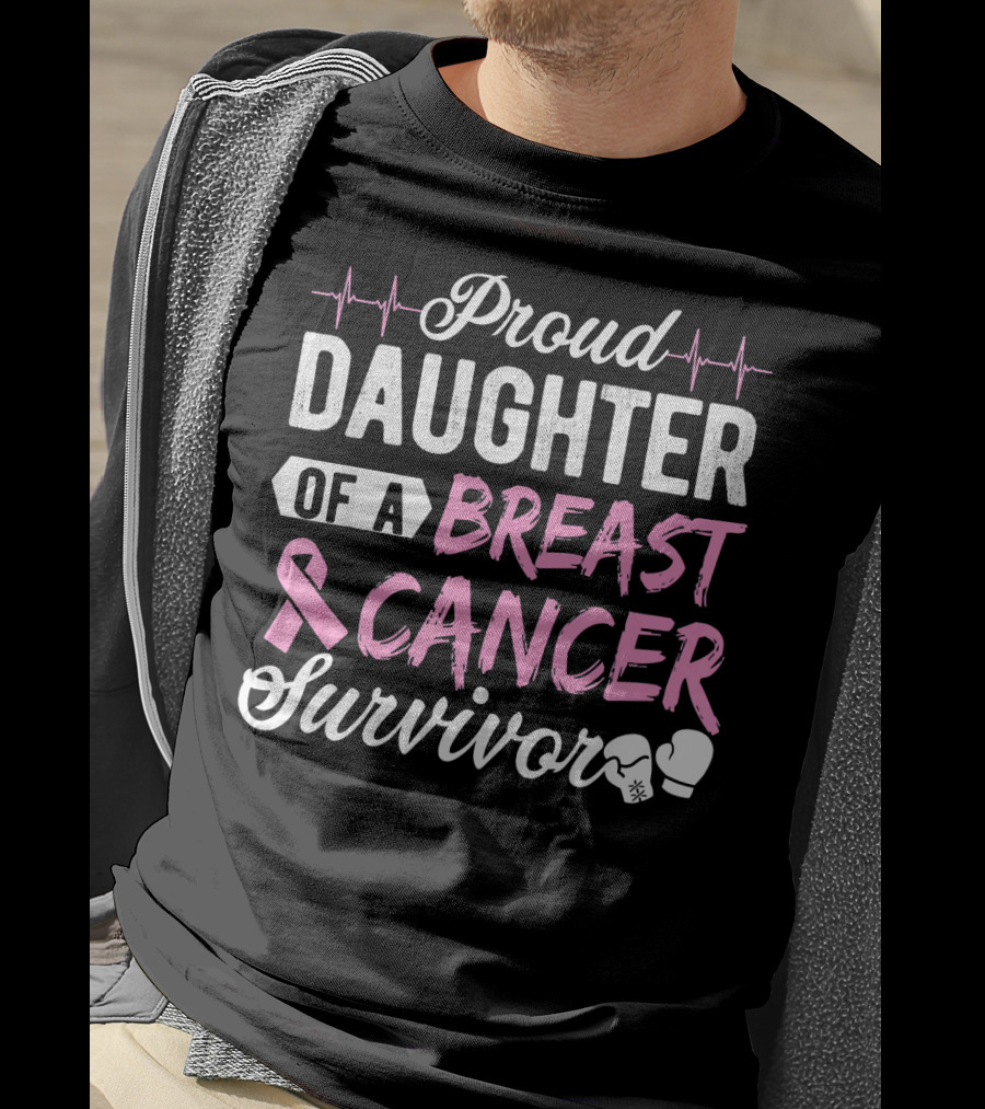 Proud Daughter Of A Breast Cancer Survivor Pink Ribbon Boxing Gloves T-Shirt