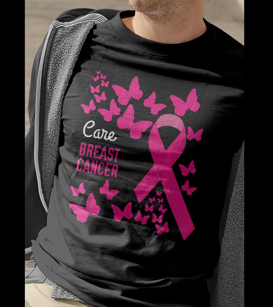 Care Breast Cancer Pink Ribbon Awareness With Butterfly Support T-Shirt