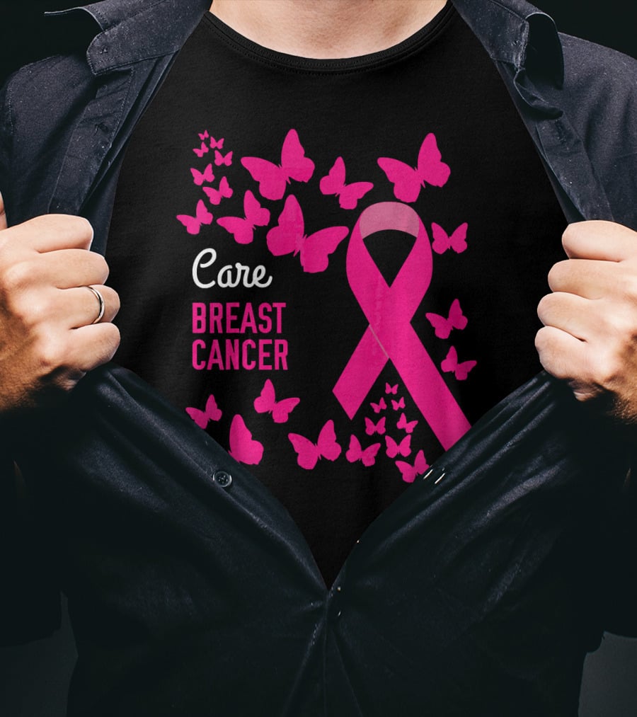 Care Breast Cancer Pink Ribbon Awareness With Butterfly Support T-Shirt