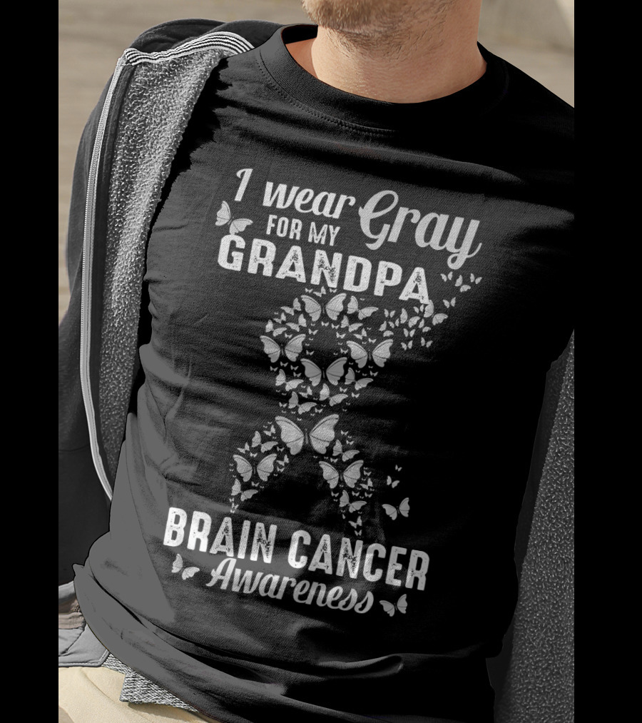 I Wear Gray For My Grandpa Brain Cancer Awareness Butterflies T-Shirt