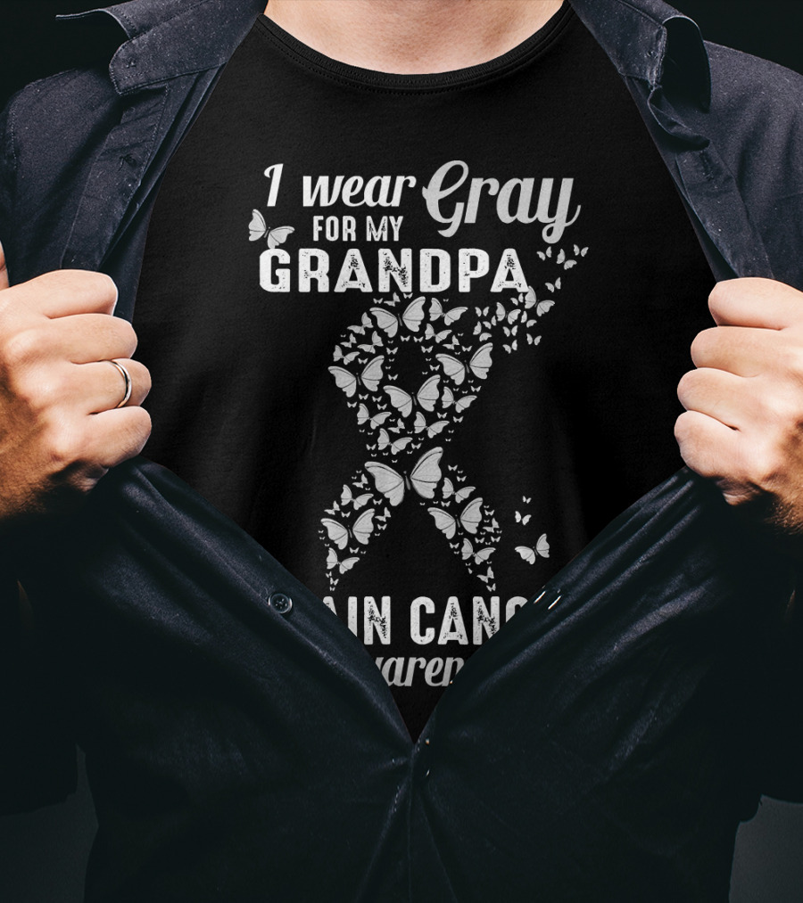 I Wear Gray For My Grandpa Brain Cancer Awareness Butterflies T-Shirt