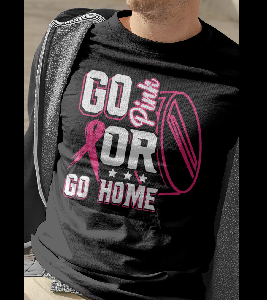 Go Pink Or Go Home Breast Cancer Hockey Awareness With Ribbon And Puck T-Shirt