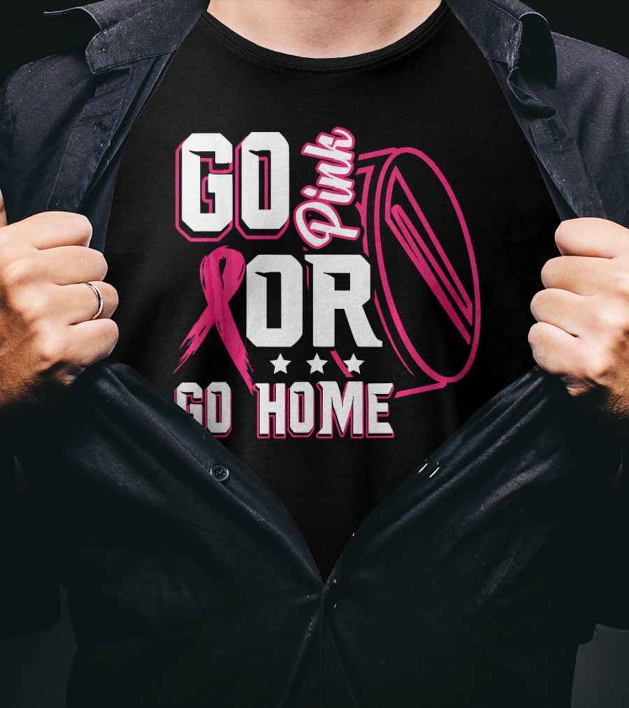 Go Pink Or Go Home Breast Cancer Hockey Awareness With Ribbon And Puck T-Shirt