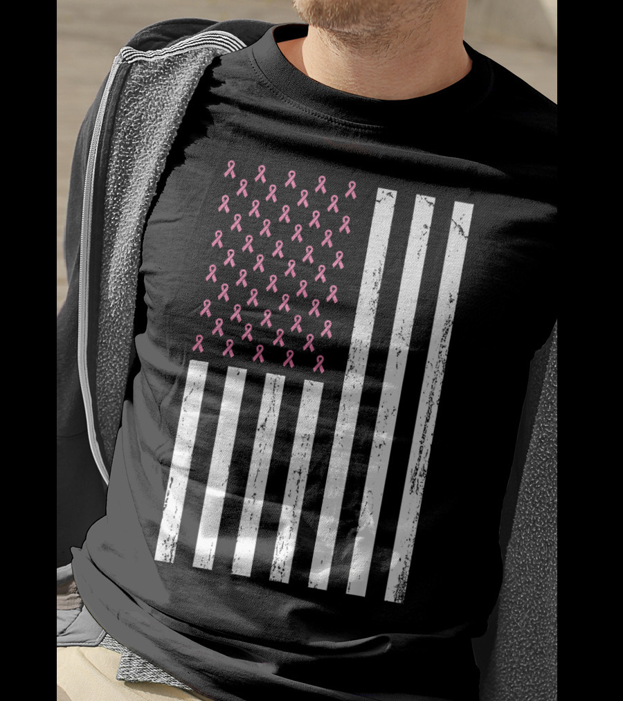 American Flag Pink Ribbons Breast Cancer Awareness T-Shirt