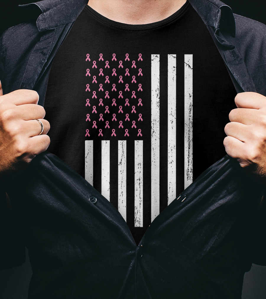 American Flag Pink Ribbons Breast Cancer Awareness T-Shirt