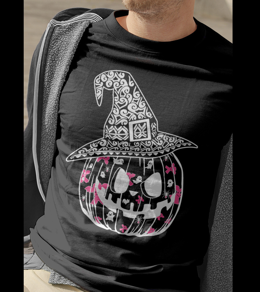 Halloween Carved Pumpkin With Pink Ribbon And Witch Hat For Breast Cancer Awareness T-Shirt