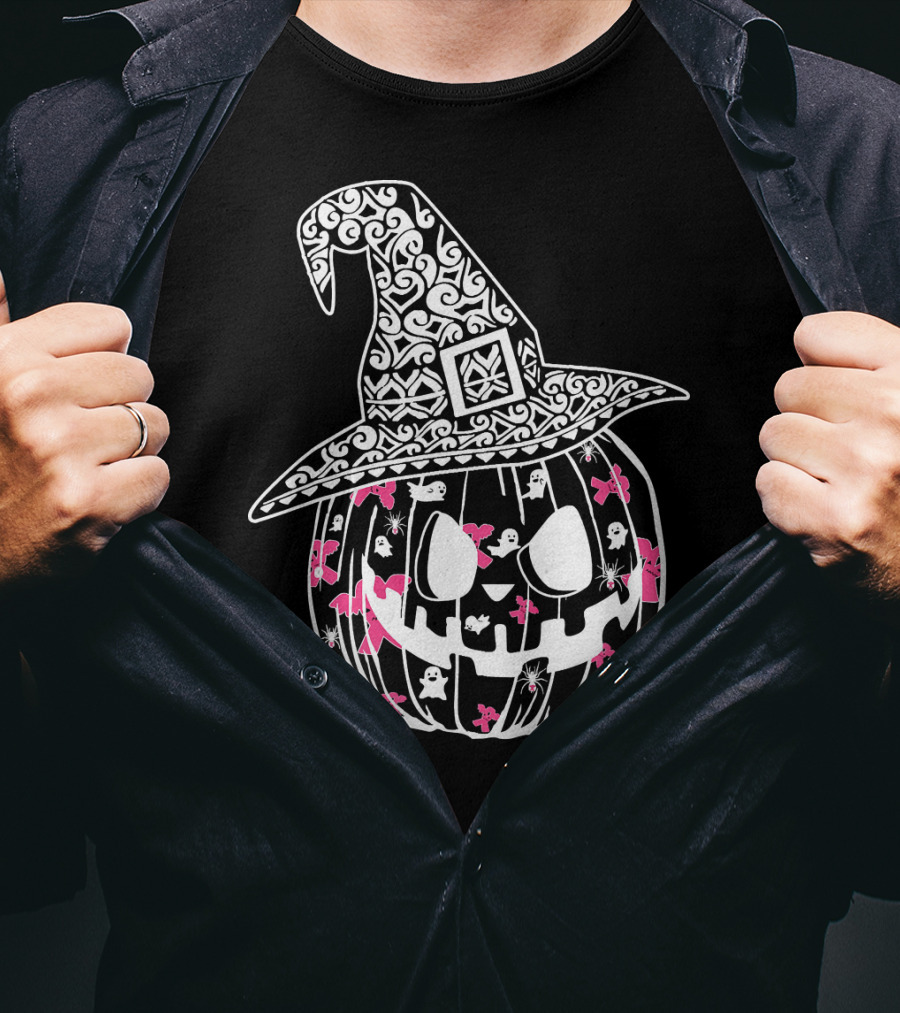 Halloween Carved Pumpkin With Pink Ribbon And Witch Hat For Breast Cancer Awareness T-Shirt